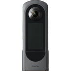 Ricoh Theta X 360-degree video camera with sleek black design and lens, suitable for high-quality immersive video recording.