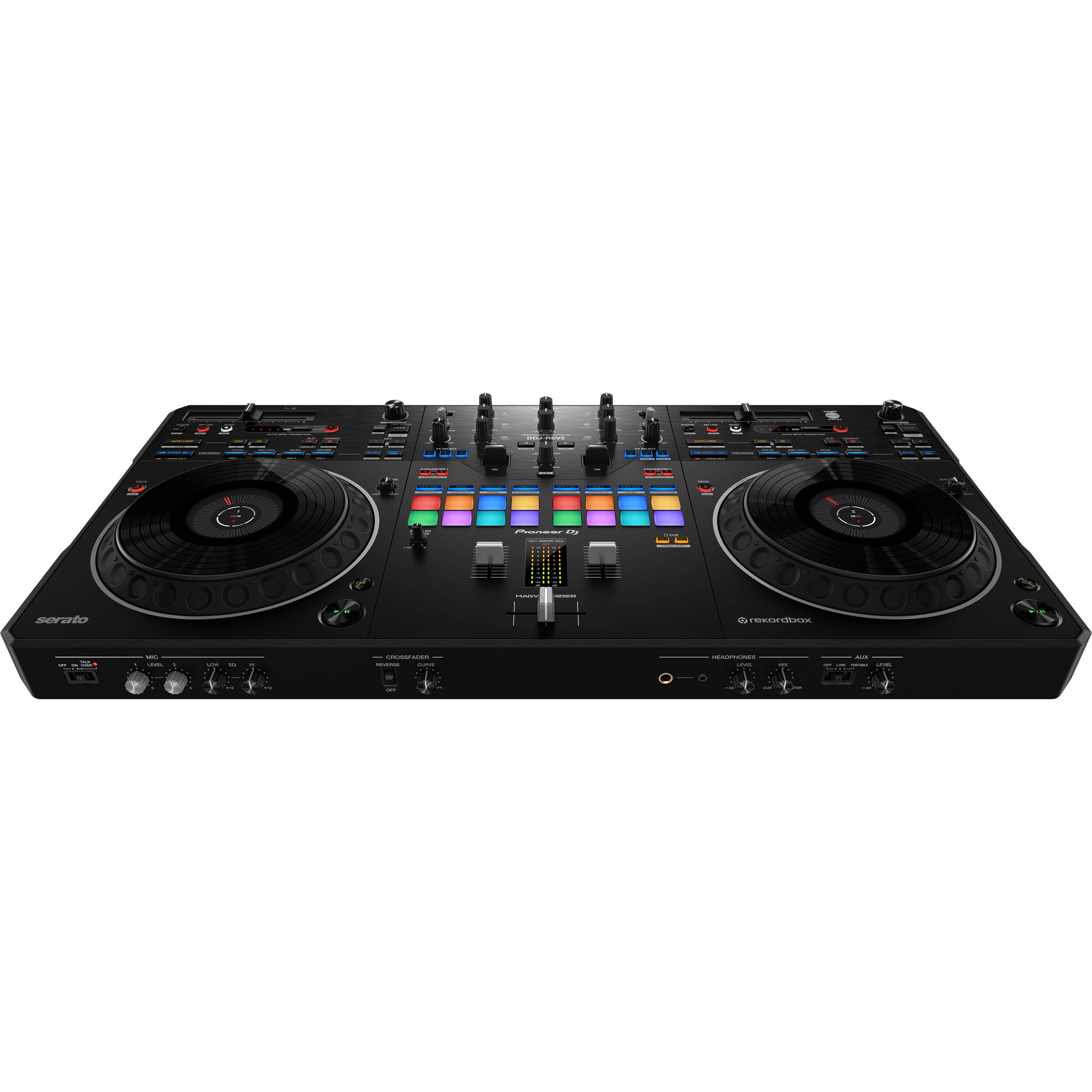 Pioneer DJ DDJ-REV5 DJ controller with jog wheels, mixer controls, and colorful LED lighting for professional DJ performances.