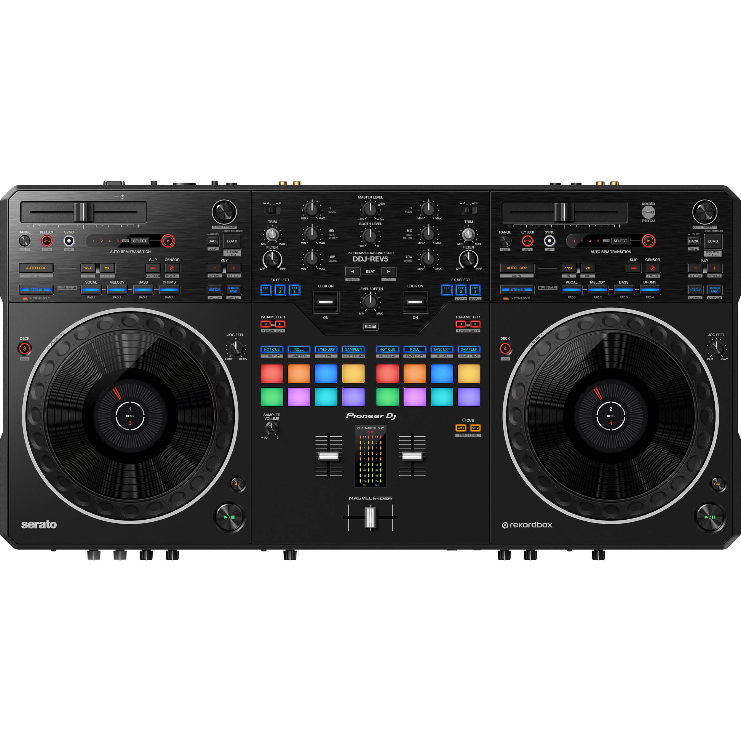 Pioneer DJ DDJ-REV5 DJ controller with jog wheels, mixer controls, and colorful backlit pads for electronic music mixing.