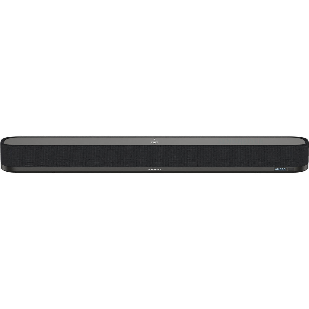 Sennheiser Ambeo Soundbar Mini showcasing sleek design and compact TV speaker with multiple audio ports and control buttons.