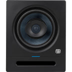 Presonus Eris Pro 8 active nearfield monitors shown on a desk with audio cables and control knobs.