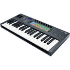 Novation FLkey 37 MIDI keyboard with 37 keys, illuminated control knobs, and touch-sensitive keys, designed for music production.
