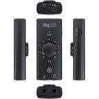 IK Multimedia iRig USB audio interface with input and output ports for connecting musical instruments and microphones.