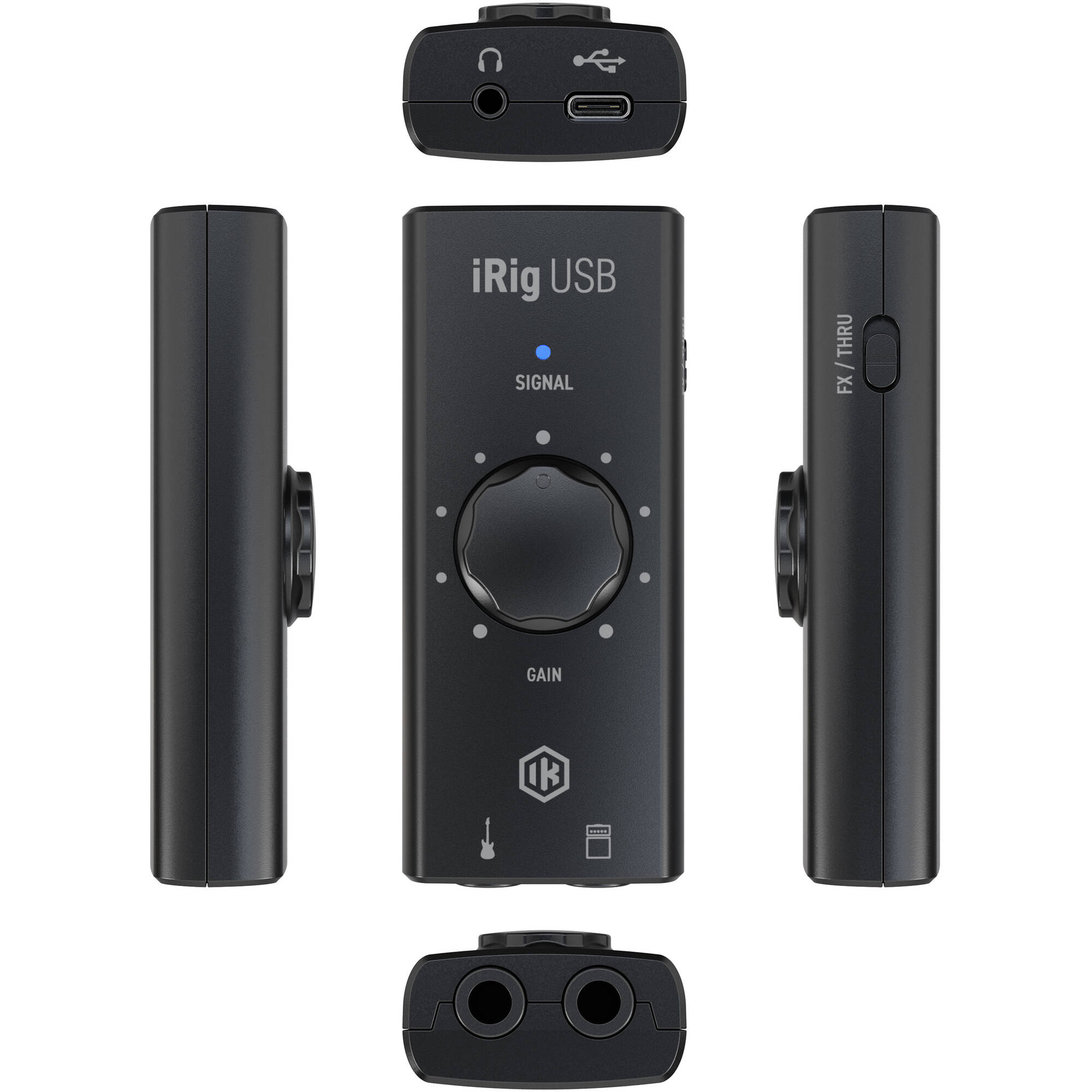 IK Multimedia iRig USB audio interface with input and output ports for connecting musical instruments and microphones.