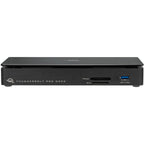 OWC Thunderbolt Pro Dock with multiple ports including USB, Ethernet, and audio jacks on a sleek black surface.