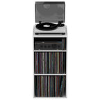 Glorious Modular Mix Rack DJ table with multiple sections for audio equipment and accessories, sturdy black metal frame.
