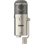 Warm Audio WA-47F condenser microphone shown from the front with a metallic finish and grille, designed for studio recording.