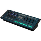 Korg Opsix synthesizer module with colorful control panel and knobs, showcasing its compact design and audio output ports.