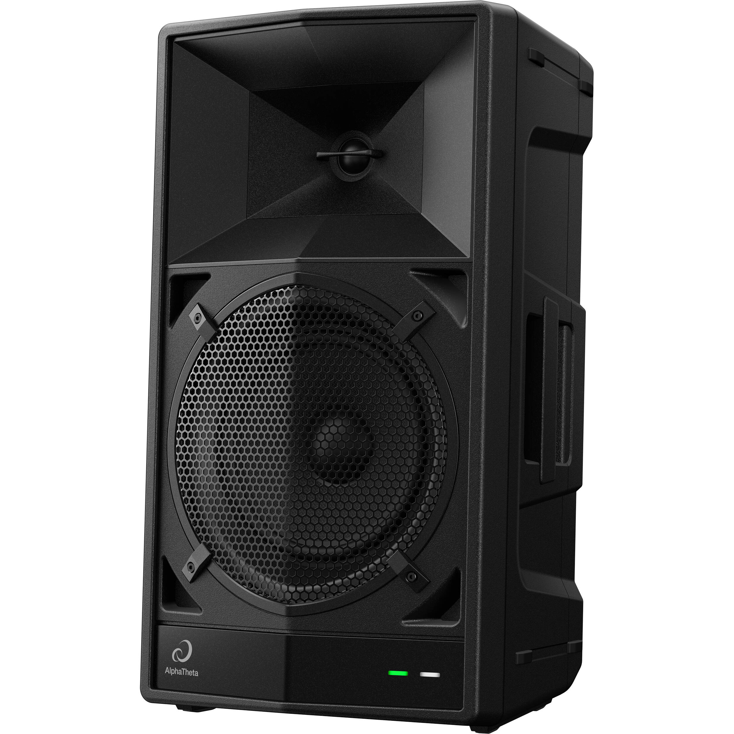 AlphaTheta Wave-Eight battery-powered loudspeakers with sleek design and portable build, ideal for high-quality audio playback.