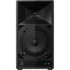 AlphaTheta Wave-Eight battery-powered loudspeakers with sleek black design and portable build for high-quality sound.