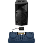 AlphaTheta Wave-Eight battery-powered loudspeakers with sleek design and control panel, suitable for portable audio use.