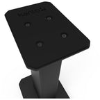 Kanto Audio SX 22-inch speaker stands supporting audio speakers, showcasing sturdy black metal construction and adjustable height.
