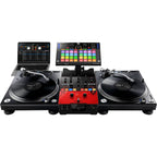 Pioneer DJM-S5 DJ mixer with sleek design, multiple knobs, and colorful LED indicators on a professional setup.