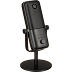 Elgato Wave:3 USB microphone with sleek black design and adjustable metal stand for professional audio recording.