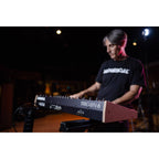 Sequential Trigon-6 synthesizer with a compact keyboard and control panel featuring knobs and buttons for sound shaping.
