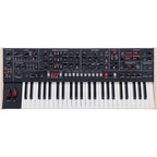 Sequential Trigon-6 synthesizer with digital interface, featuring multiple knobs and buttons for sound modulation and control.