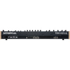 Sequential Trigon-6 synthesizer with vintage-style knobs, display, and multiple control buttons on a sleek black panel.