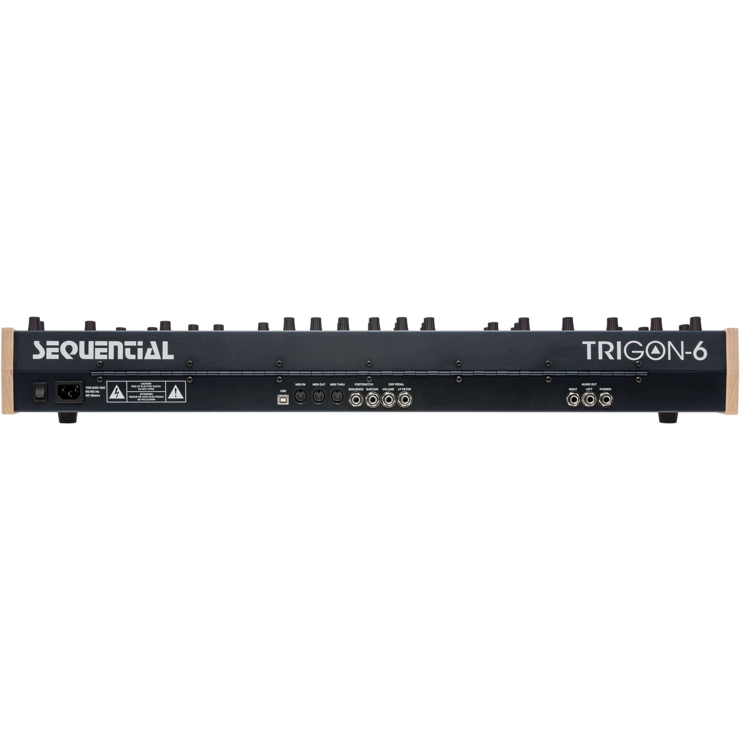 Sequential Trigon-6 synthesizer with vintage-style knobs, display, and multiple control buttons on a sleek black panel.