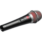 SE Electronics V7 dynamic microphone with switch, showing a professional black microphone with a metal grille and control switch.