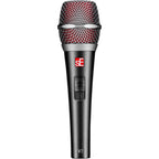 SE Electronics V7 dynamic microphone with switch, showing the professional handheld microphone design and controls.