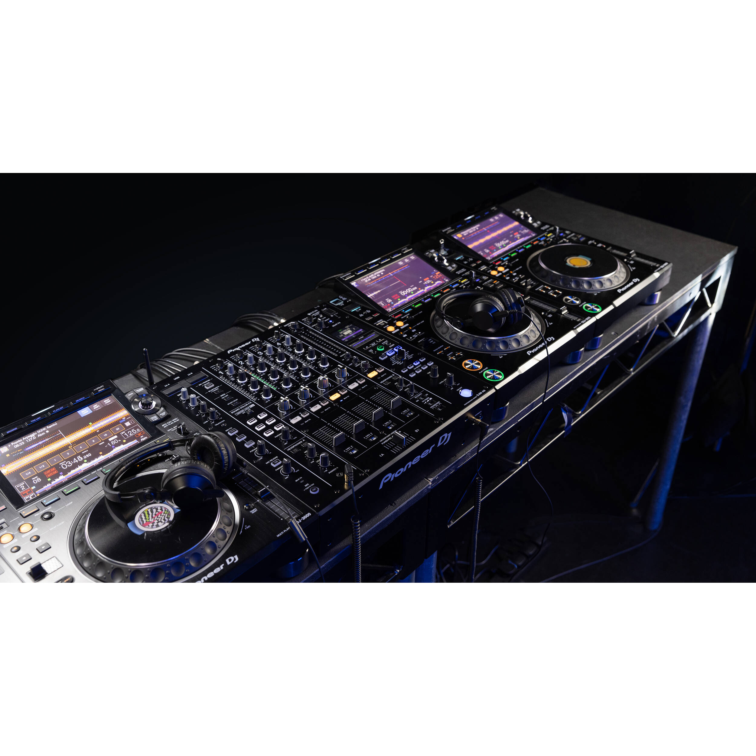 Pioneer DJM-A9 DJ mixer with multiple knobs, faders, and digital controls for professional DJ performance.