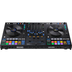 Rane Four DJ controller with dual jog wheels, mixer sections, and colorful performance pads for professional DJing and mixing.
