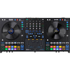 Rane Four DJ controller with touch-sensitive jog wheels, multiple knobs, and performance pads for professional mixing.