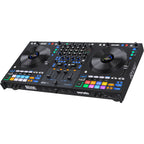 Rane Four DJ controller with dual jog wheels, colorful LED pads, and professional audio controls for mixing and DJing.