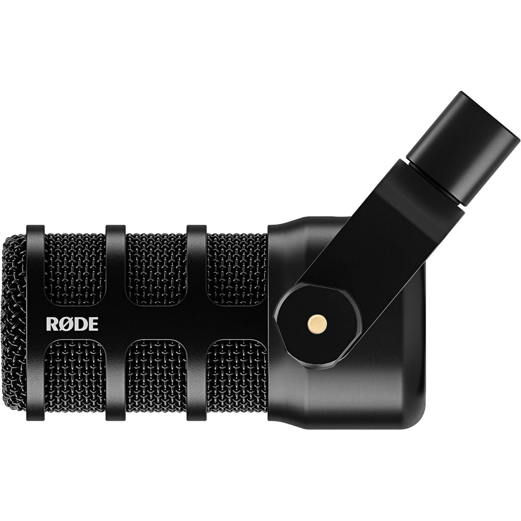 Rode Podmic USB microphone with black mesh grille and sturdy stand, designed for professional podcast and recording use.