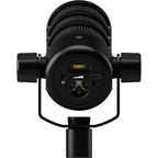 Rode PodMic USB condenser microphone with black metal body and built-in stand, ideal for podcasting and streaming.