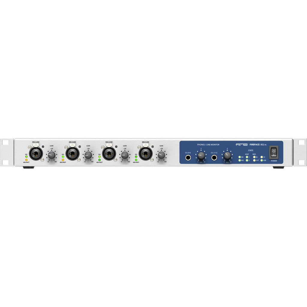 RME Fireface 802 FS audio interface with multiple input and output ports, professional-grade recording equipment.