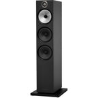 Bowers & Wilkins 603 S3 passive floorstanding speakers with black cabinets and sleek design, showcased from a side angle.