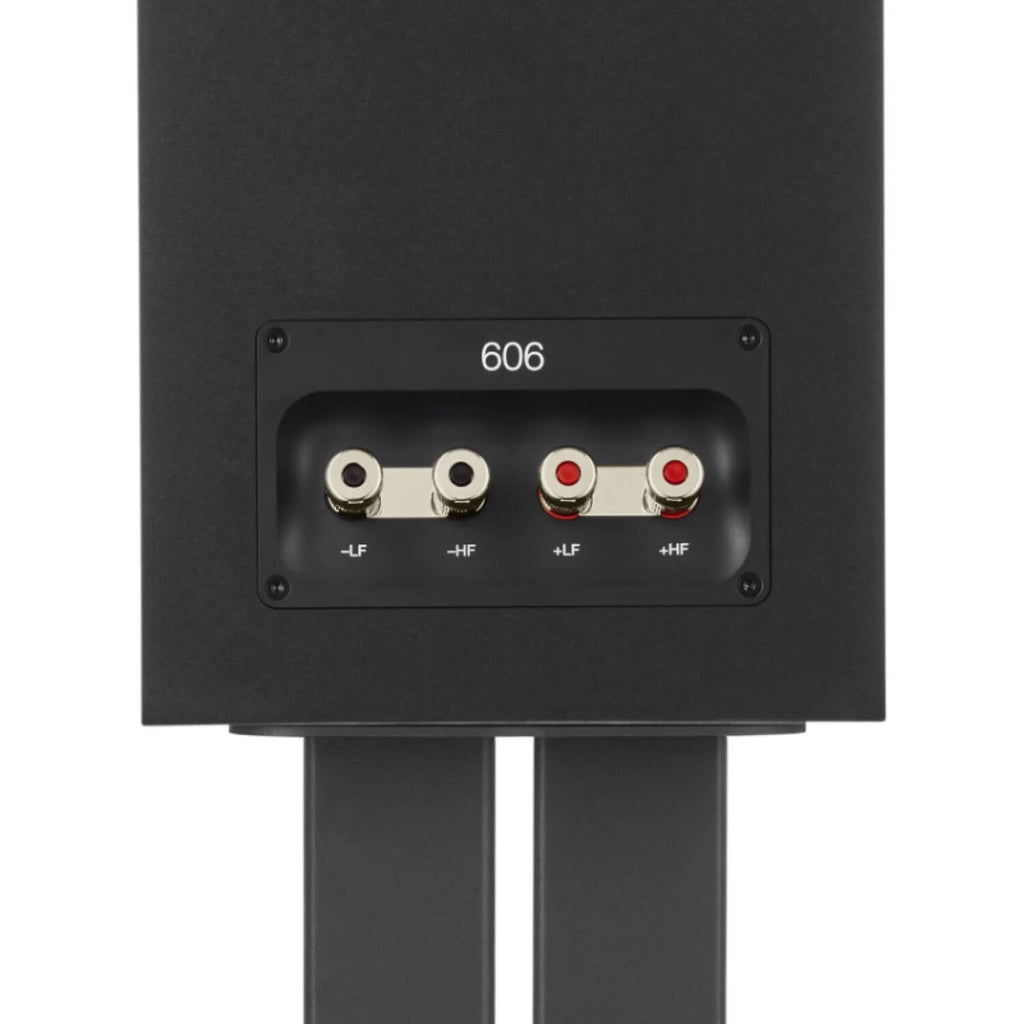 Bowers & Wilkins 606 S3 passive bookshelf speakers showing black speaker cabinets with silver accents