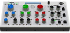 Erica Synths Bullfrog desktop synthesizer with knobs and patch points, featuring a compact black metal case and colorful control interface.