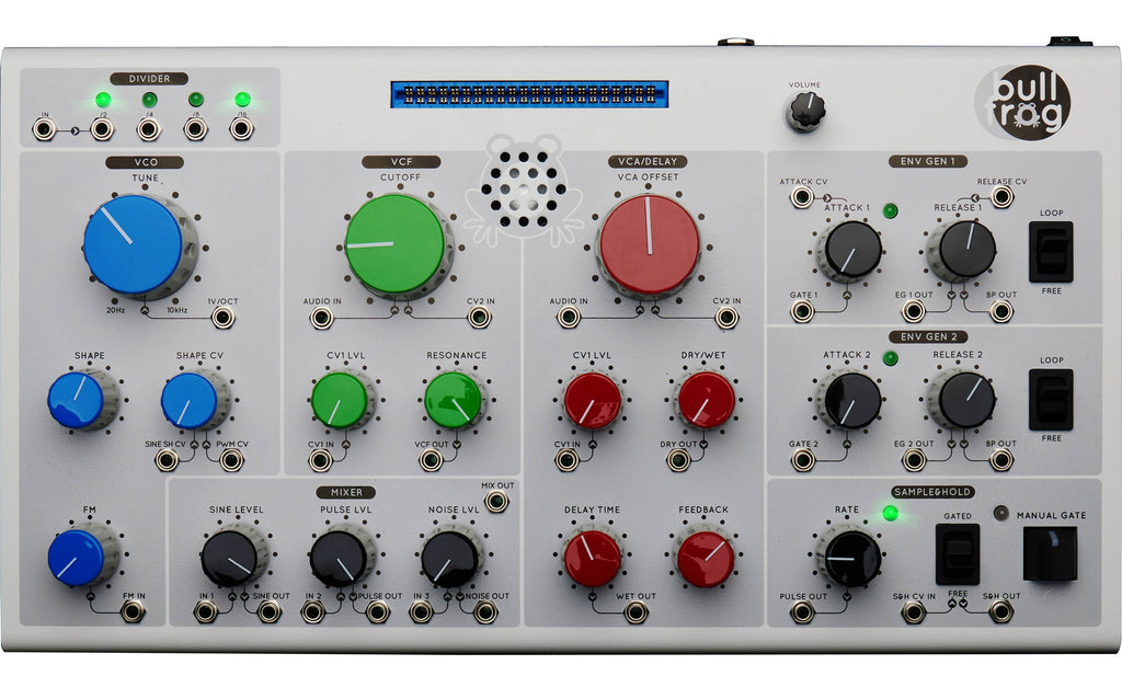 Erica Synths Bullfrog desktop synthesizer with multiple knobs and patch points, featuring a compact, professional audio interface.