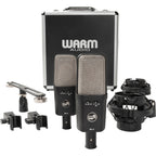 Warm Audio WA-14SP condenser microphone with metal grille and control switch, shown on a stand against a neutral background.