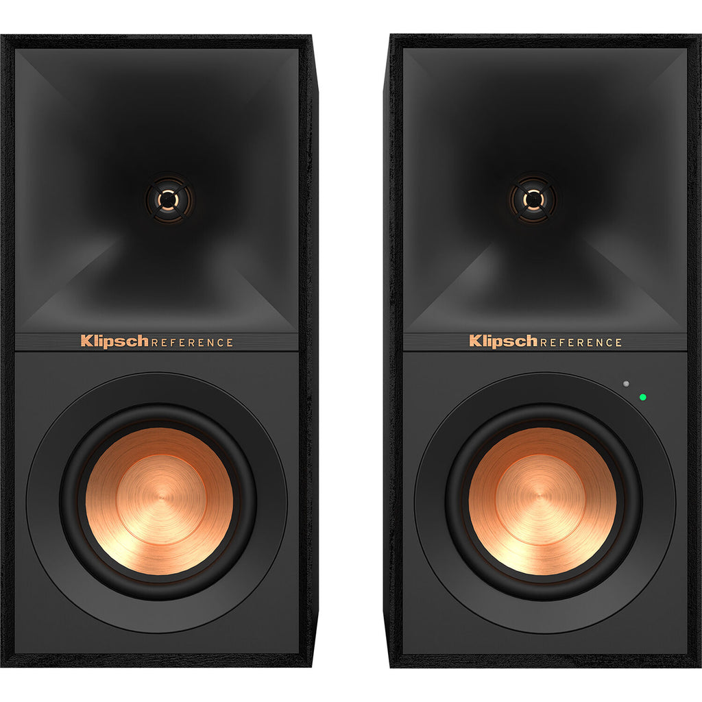 Black Klipsch R-40PM wireless speakers with a sleek design and multiple connection ports, ideal for high-quality audio in any space.