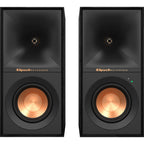 Black Klipsch R-40PM wireless speakers with a sleek design and multiple connection ports, ideal for high-quality audio in any space.