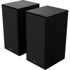 Black Klipsch R-50PM wireless speakers with sleek design and visible speaker grilles, ideal for high-quality audio.