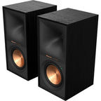 Black Klipsch R-50PM wireless speakers with sleek design, featuring multiple connection ports and built-in controls.