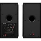 Black Klipsch R-50PM wireless speakers shown with front and side views, featuring sleek design and audio ports.