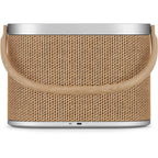 Bang & Olufsen Beosound A5 portable speaker showing its sleek design and fabric covering on a neutral background.