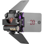 Zhiyun Fiveray M20C RGB light combo showing colorful adjustable lighting and control panel on a professional lighting setup.
