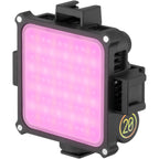 Zhiyun Fiveray M20C RGB light panel with combo accessories, showing adjustable color and brightness settings in a professional studio.