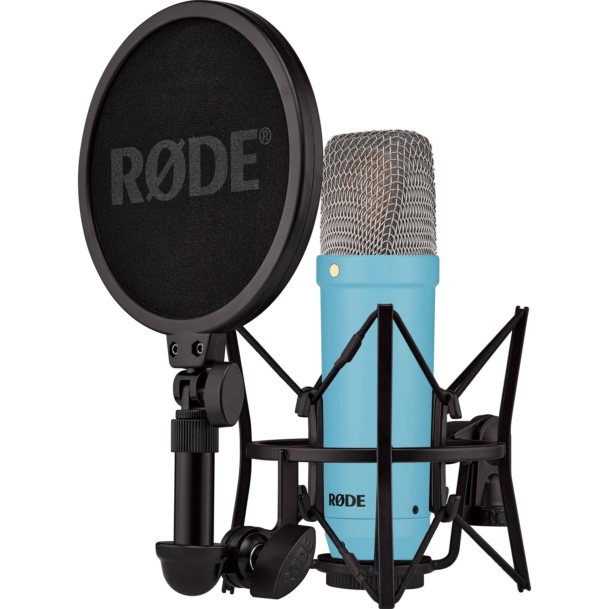 Rode NT1 Signature Series condenser microphone with a sleek black body, mounted on a stand, ready for studio recording.
