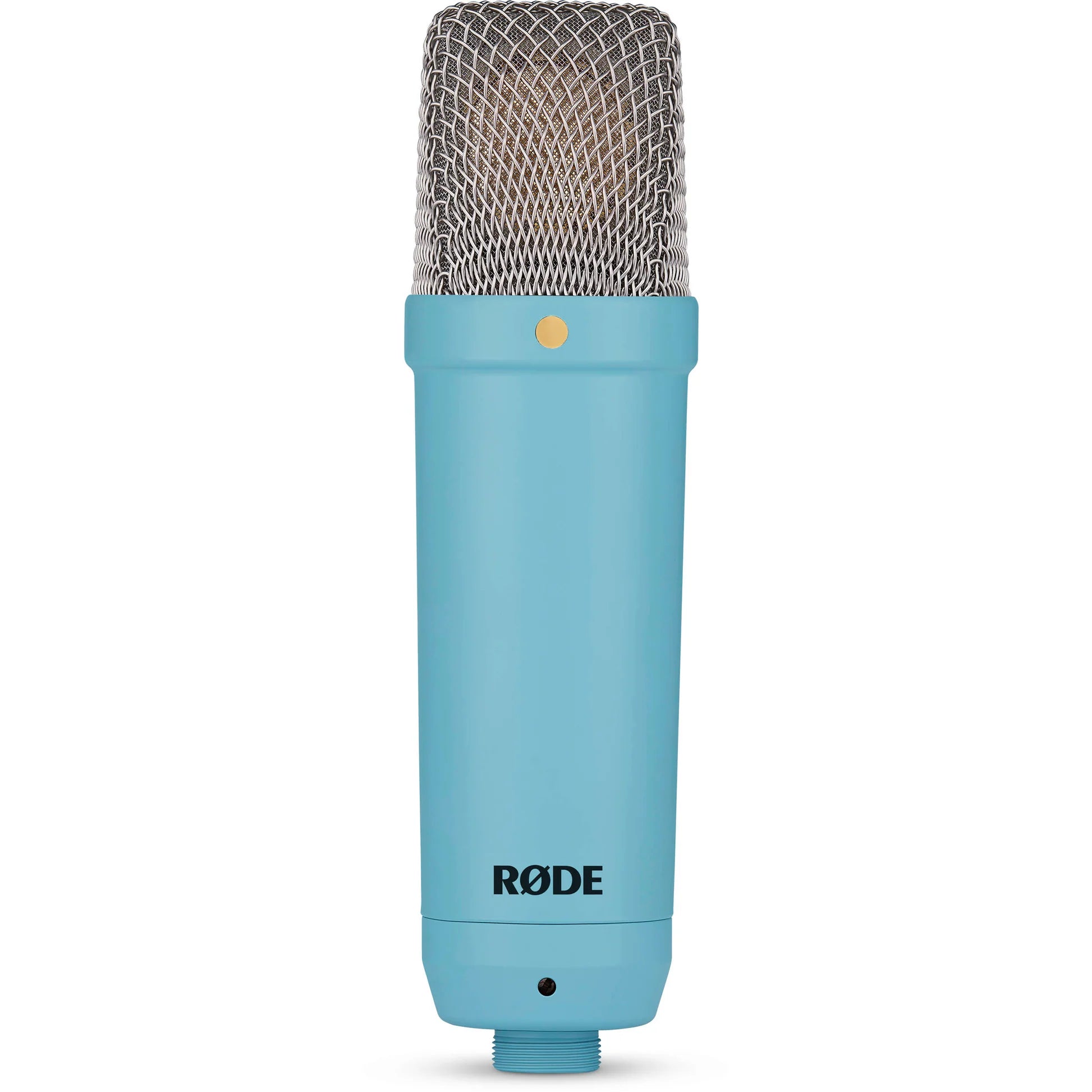 Rode NT1 Signature Series condenser microphone with black body and metal grille for professional studio recording.
