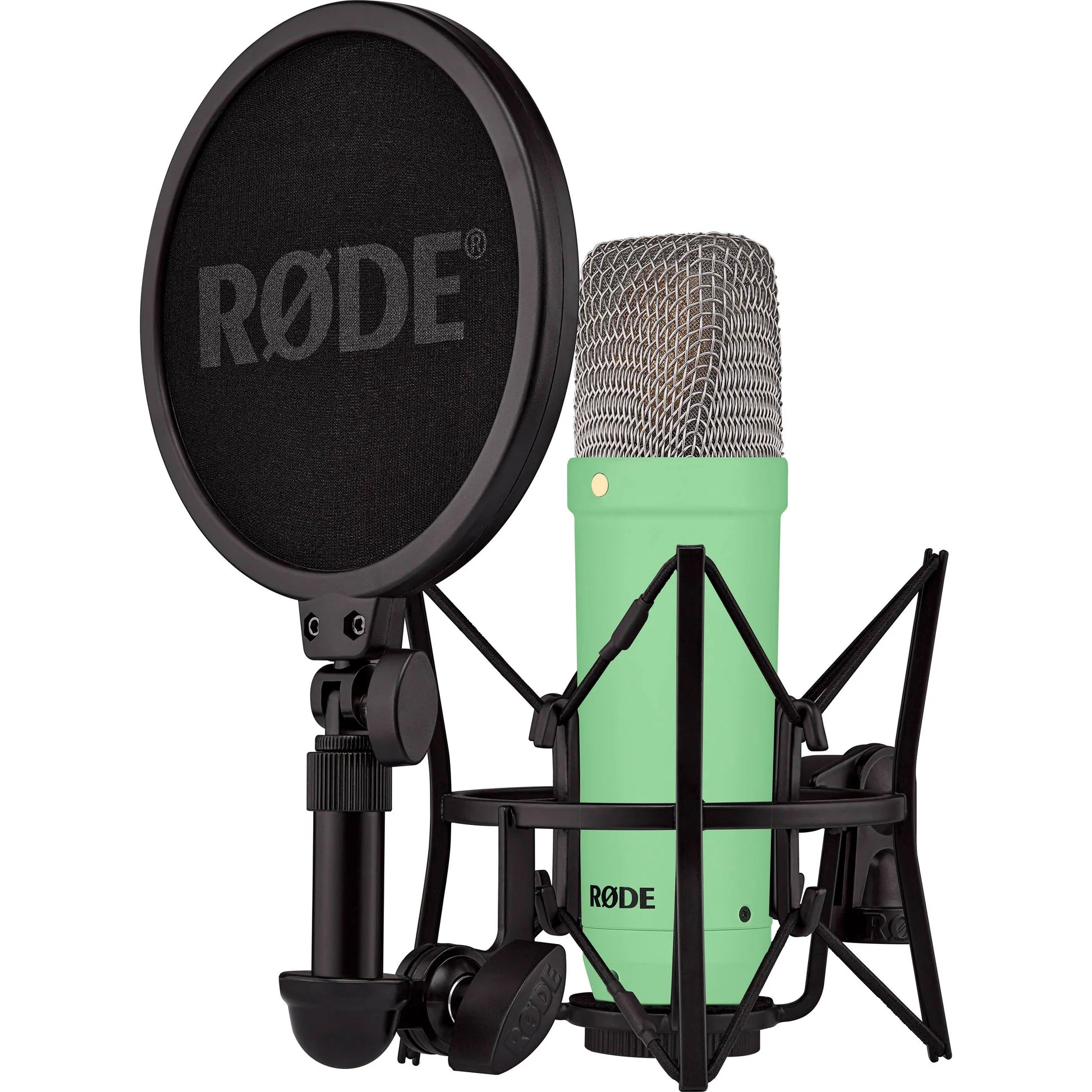 Rode NT1 Signature Series condenser microphone with shock mount and pop filter, suitable for studio vocal recording.