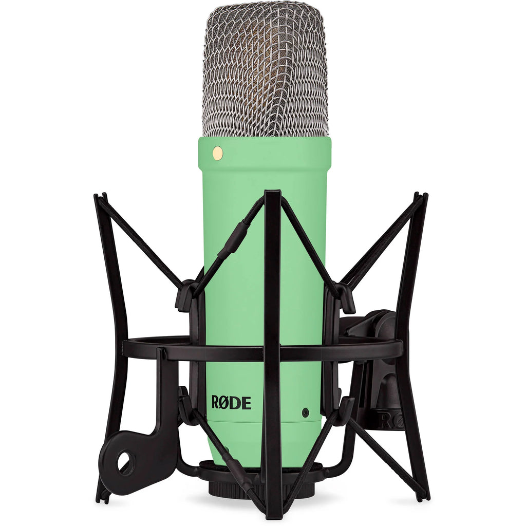 Rode NT1 Signature Series condenser microphone with black grille and silver body, designed for studio recording and vocals.