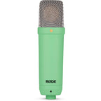 Rode NT1 Signature Series condenser microphone with sleek silver body and shock mount for studio recording and vocals.