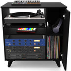 Glorious modular side rack for DJ tables and furniture, showing a sleek, black metal design with adjustable shelving for equipment.